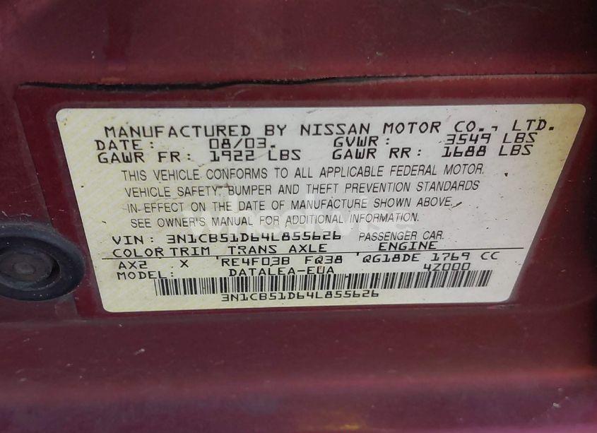 Photo 9 of 2004 Nissan Sentra 1.8S (VIN 3N1CB51D64L855626)