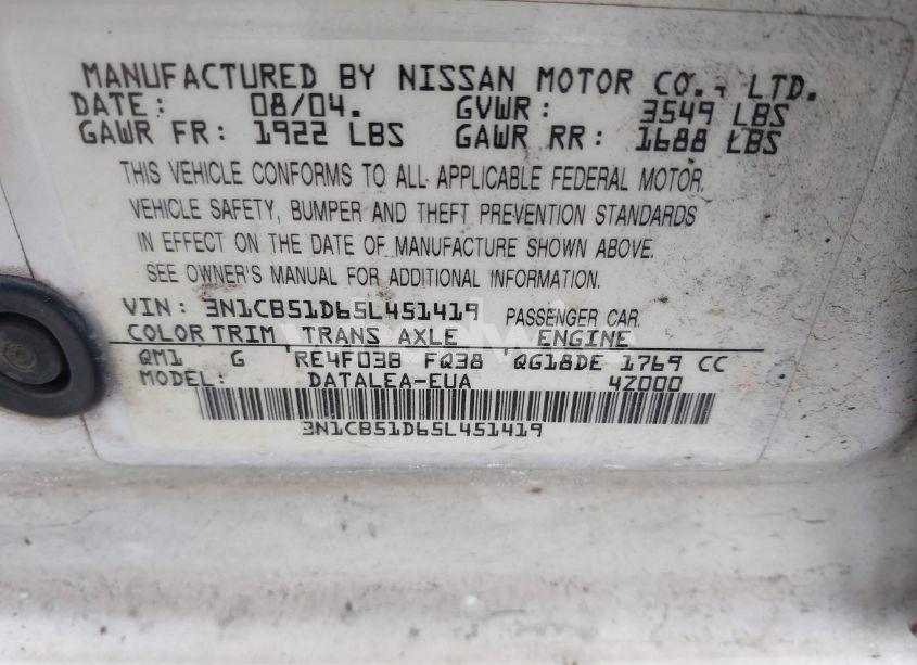 Photo 9 of 2005 Nissan Sentra 1.8S (VIN 3N1CB51D65L451419)