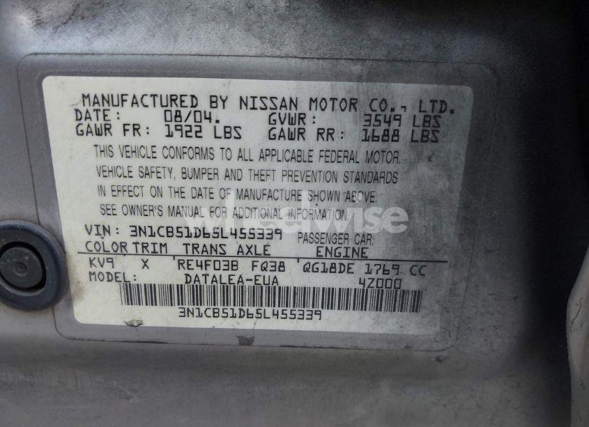 Photo 9 of 2005 Nissan Sentra 1.8S (VIN 3N1CB51D65L455339)