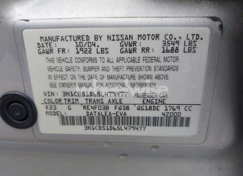 Photo 9 of 2005 Nissan Sentra 1.8S (VIN 3N1CB51D65L479477)