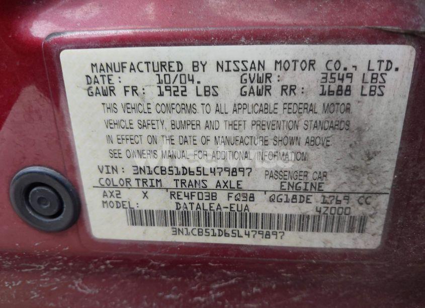 Photo 9 of 2005 Nissan Sentra 1.8S (VIN 3N1CB51D65L479897)
