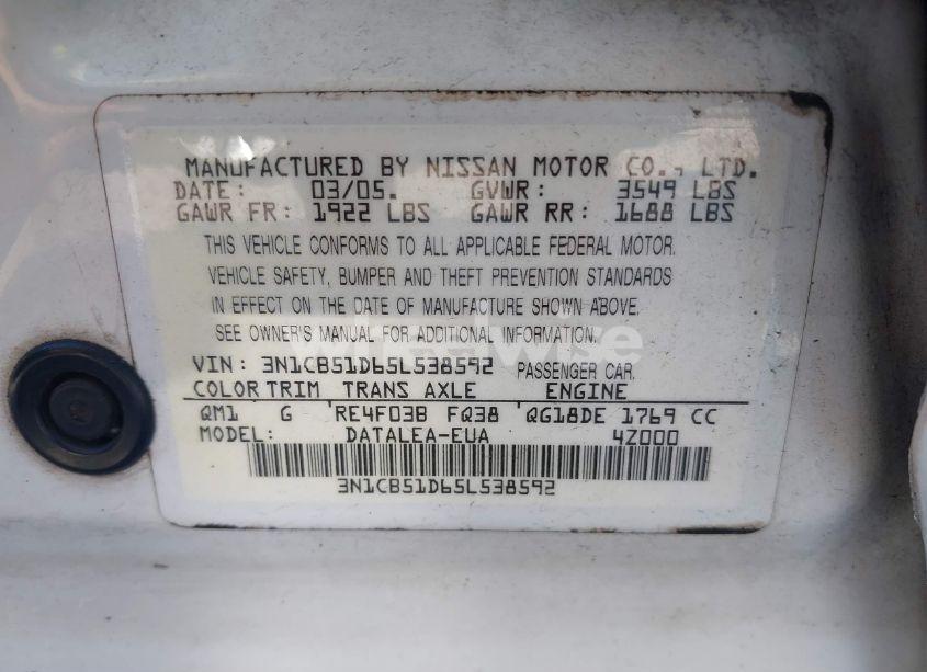 Photo 9 of 2005 Nissan Sentra 1.8S (VIN 3N1CB51D65L538592)