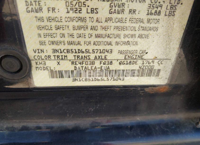 Photo 9 of 2005 Nissan Sentra 1.8S (VIN 3N1CB51D65L571043)