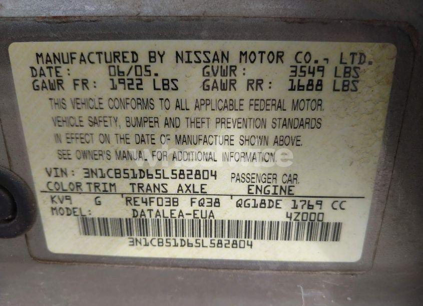 Photo 9 of 2005 Nissan Sentra 1.8S (VIN 3N1CB51D65L582804)