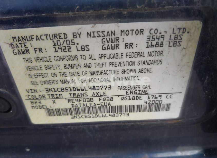 Photo 9 of 2006 Nissan Sentra 1.8S (VIN 3N1CB51D66L483773)