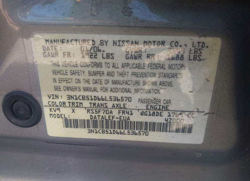 Photo 9 of 2006 Nissan Sentra 1.8S (VIN 3N1CB51D66L536570)