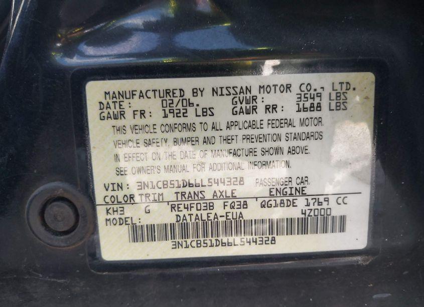 Photo 9 of 2006 Nissan Sentra 1.8S (VIN 3N1CB51D66L544328)