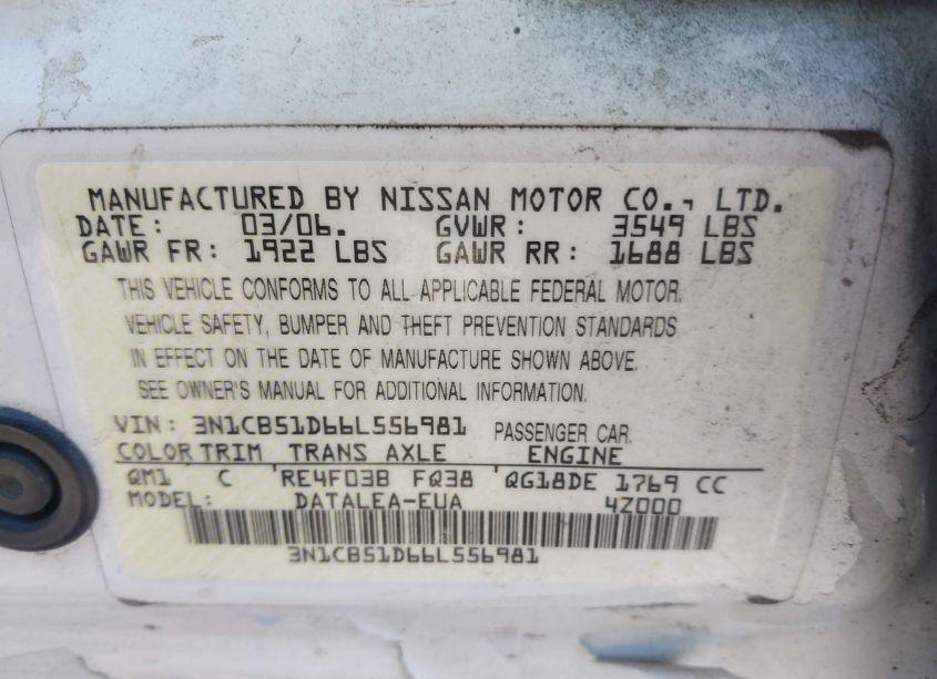 Photo 9 of 2006 Nissan Sentra 1.8S (VIN 3N1CB51D66L556981)