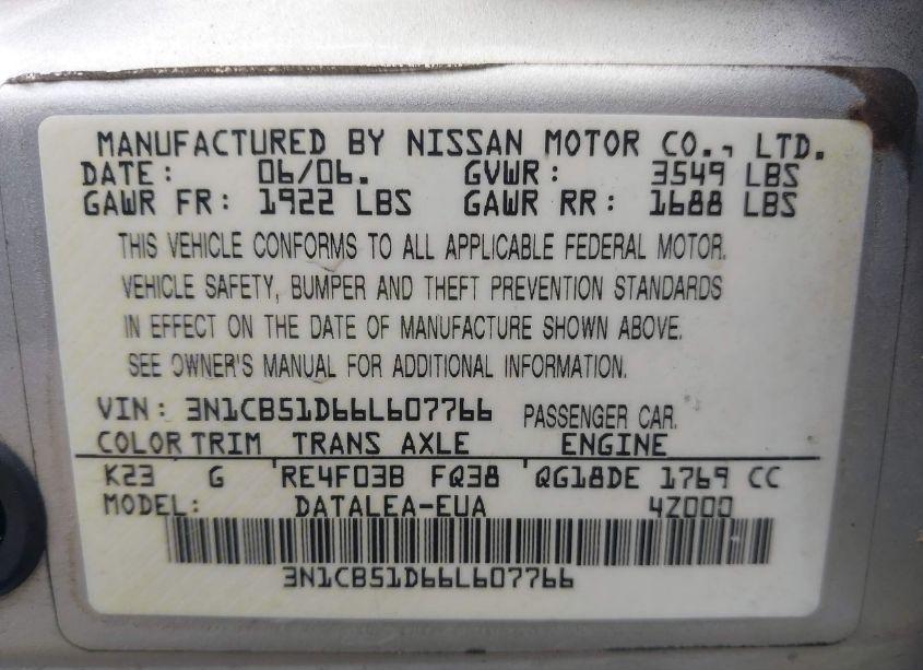 Photo 9 of 2006 Nissan Sentra 1.8S (VIN 3N1CB51D66L607766)