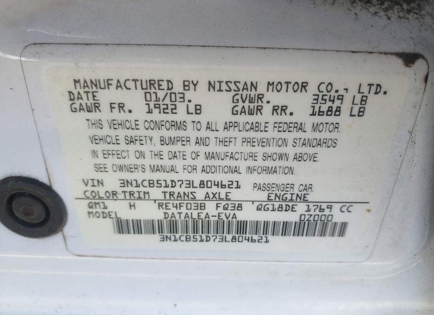 Photo 9 of 2003 Nissan Sentra XE (VIN 3N1CB51D73L804621)