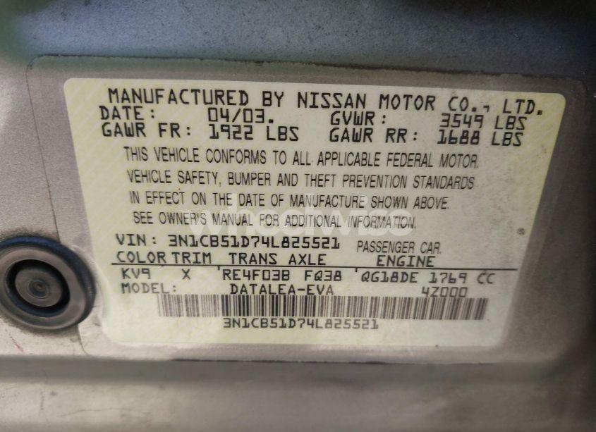Photo 9 of 2004 Nissan Sentra 1.8S (VIN 3N1CB51D74L825521)