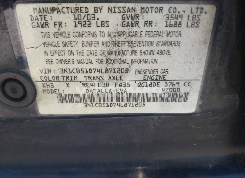 Photo 9 of 2004 Nissan Sentra 1.8S (VIN 3N1CB51D74L871205)