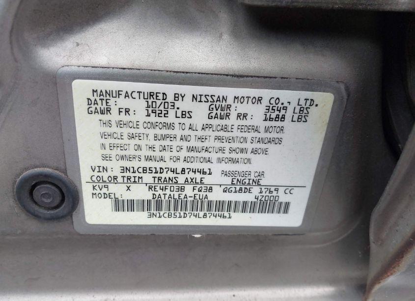 Photo 9 of 2004 Nissan Sentra 1.8S (VIN 3N1CB51D74L874461)