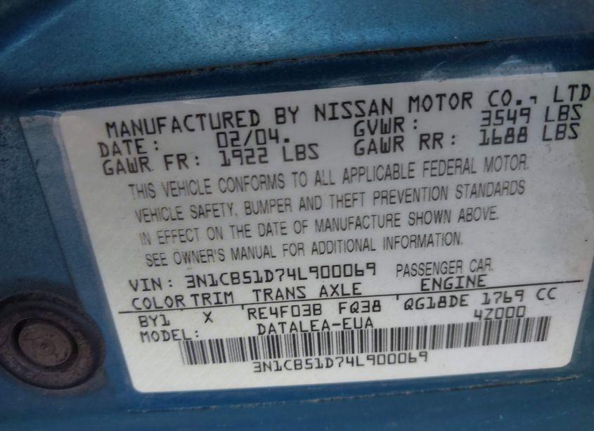 Photo 9 of 2004 Nissan Sentra 1.8S (VIN 3N1CB51D74L900069)