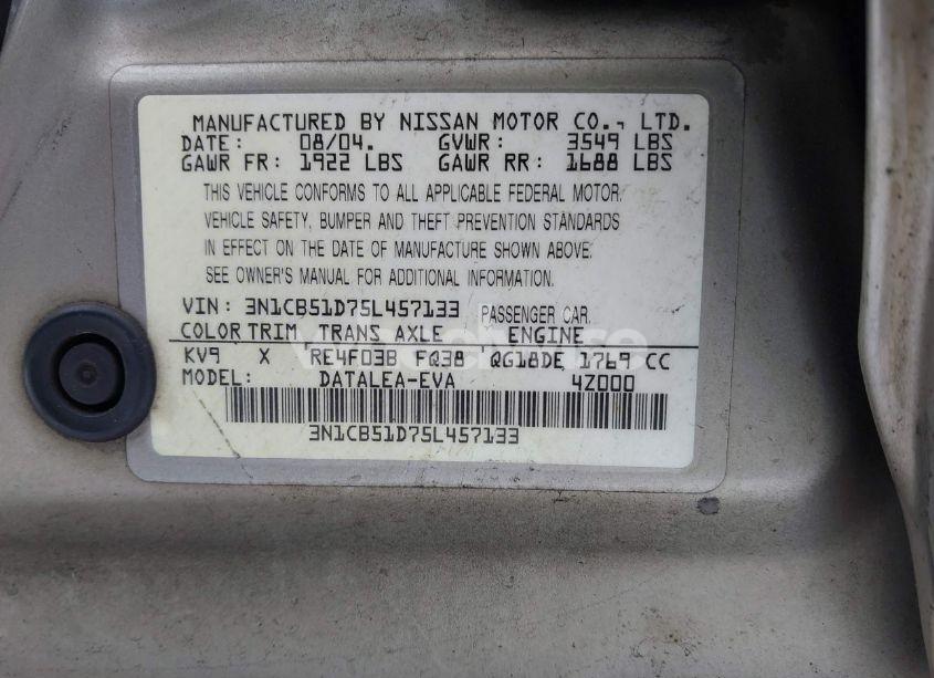 Photo 9 of 2005 Nissan Sentra 1.8S (VIN 3N1CB51D75L457133)