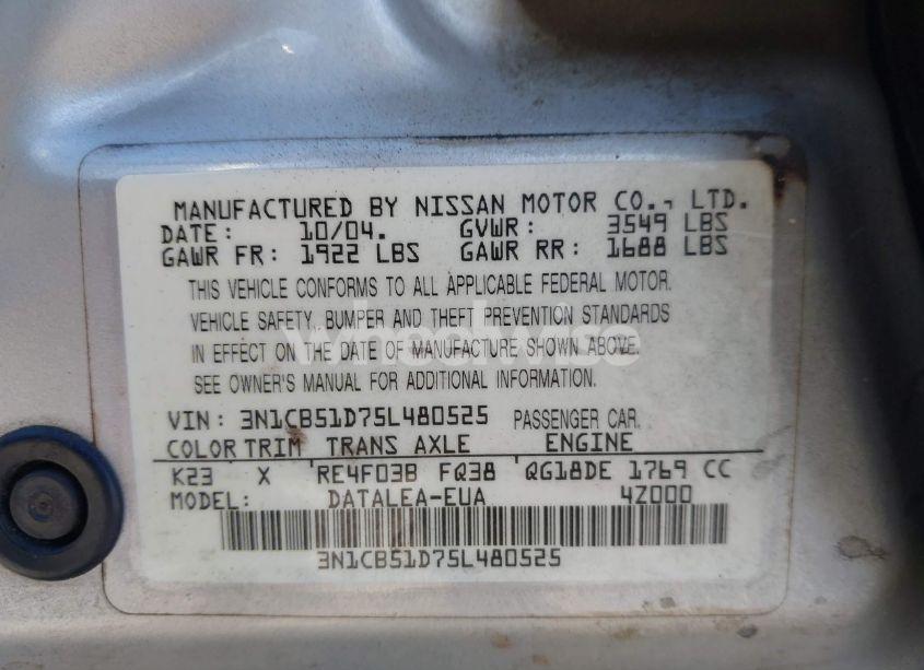 Photo 9 of 2005 Nissan Sentra 1.8S (VIN 3N1CB51D75L480525)