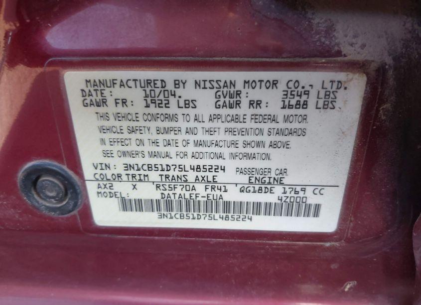 Photo 9 of 2005 Nissan Sentra 1.8S (VIN 3N1CB51D75L485224)