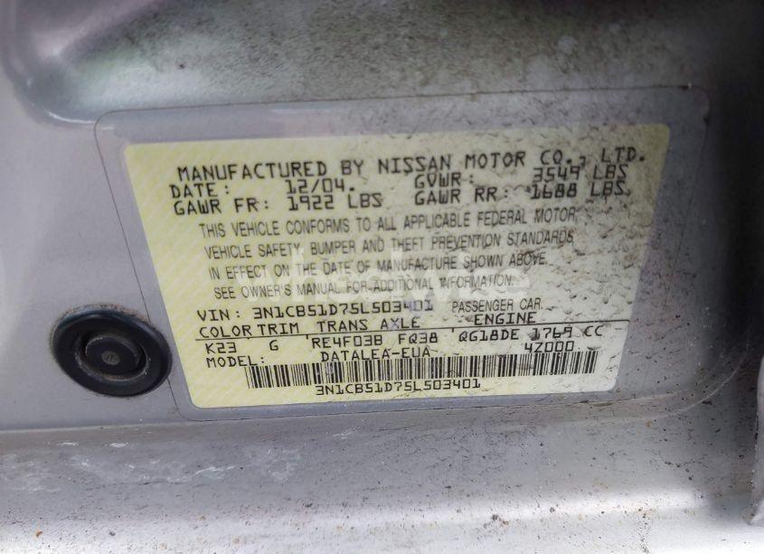 Photo 9 of 2005 Nissan Sentra 1.8S (VIN 3N1CB51D75L503401)