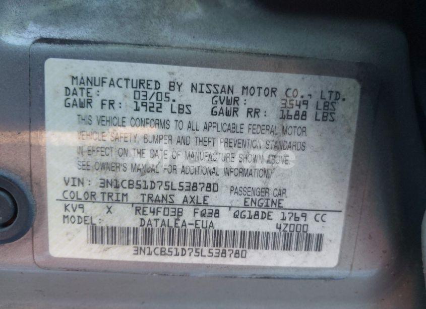 Photo 9 of 2005 Nissan Sentra 1.8S (VIN 3N1CB51D75L538780)