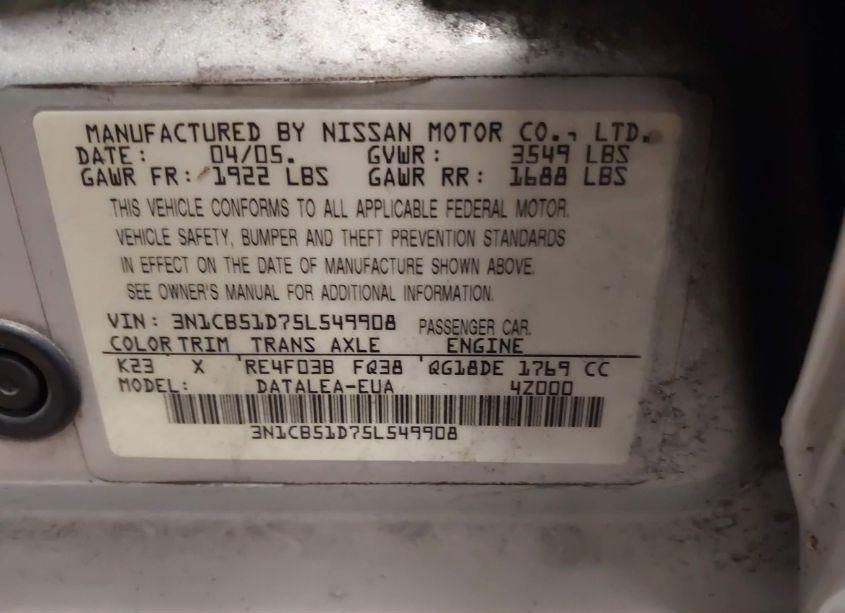 Photo 9 of 2005 Nissan Sentra 1.8S (VIN 3N1CB51D75L549908)