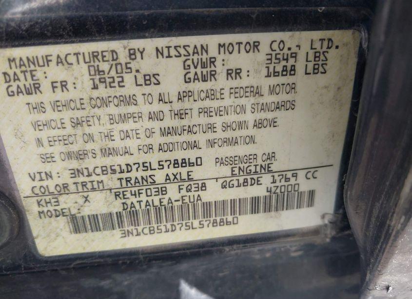 Photo 9 of 2005 Nissan Sentra 1.8S (VIN 3N1CB51D75L578860)