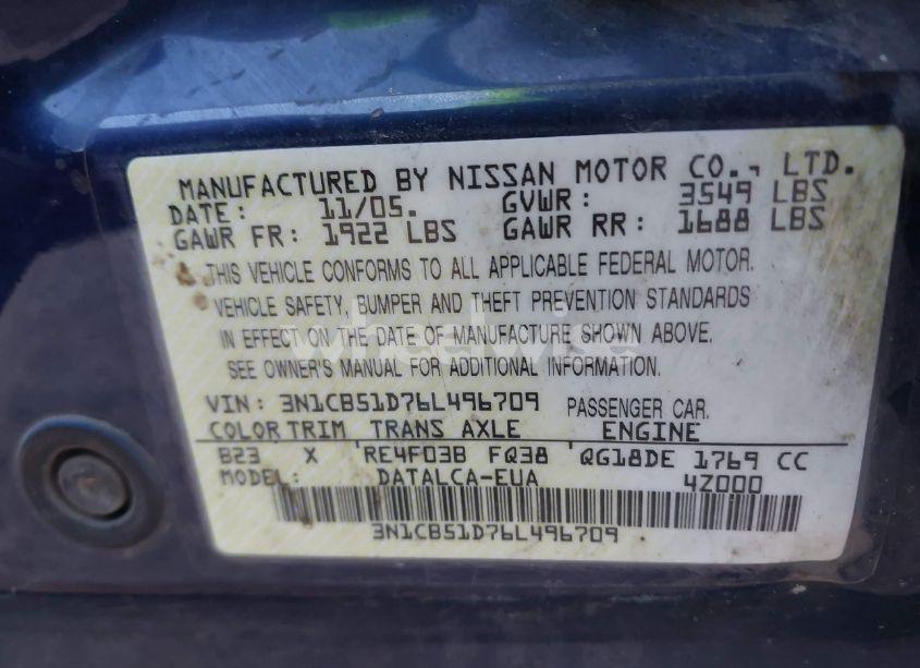 Photo 9 of 2006 Nissan Sentra 1.8 (VIN 3N1CB51D76L496709)