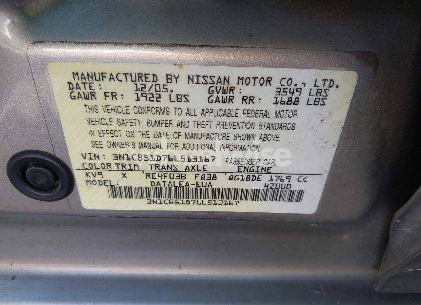 Photo 9 of 2006 Nissan Sentra 1.8S (VIN 3N1CB51D76L513167)