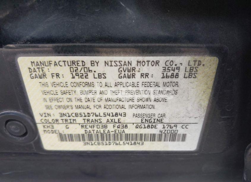 Photo 9 of 2006 Nissan Sentra 1.8S (VIN 3N1CB51D76L541843)