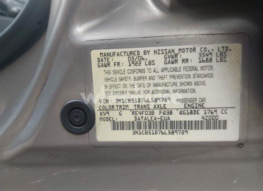 Photo 9 of 2006 Nissan Sentra 1.8S (VIN 3N1CB51D76L589729)