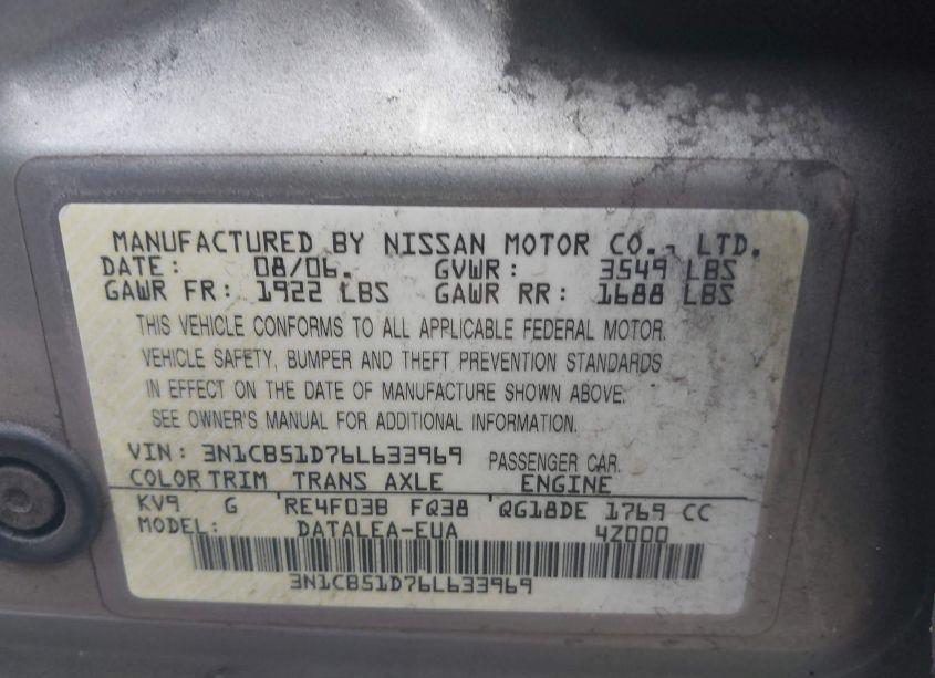 Photo 9 of 2006 Nissan Sentra 1.8S (VIN 3N1CB51D76L633969)