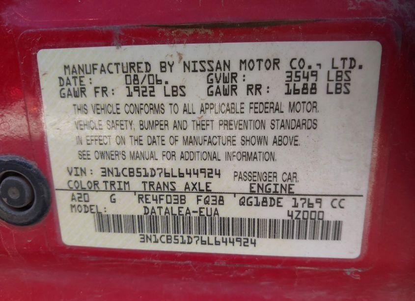 Photo 9 of 2006 Nissan Sentra 1.8S (VIN 3N1CB51D76L644924)