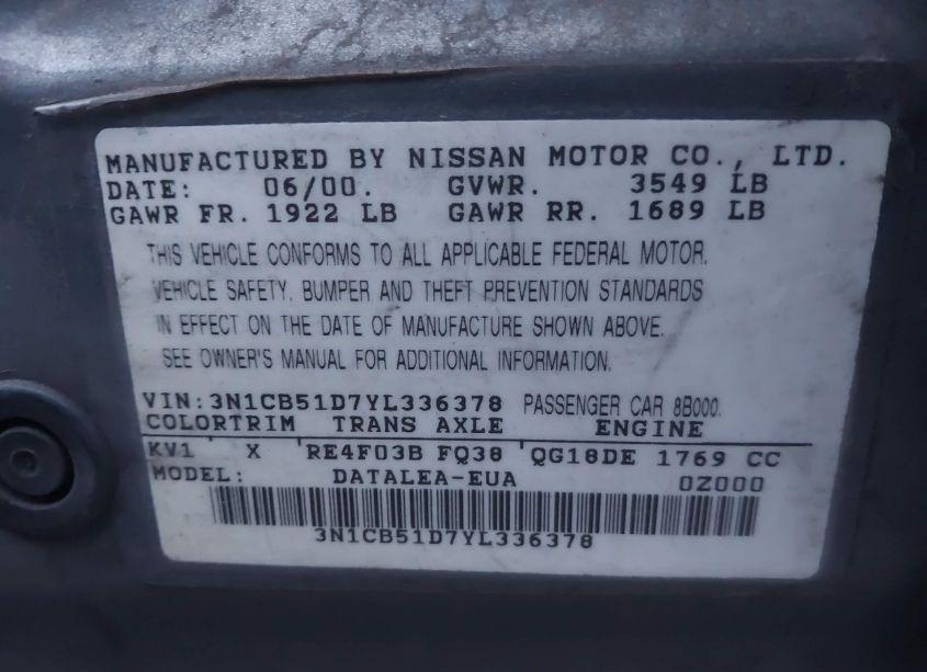 Photo 9 of 2000 Nissan Sentra GXE/XE (VIN 3N1CB51D7YL336378)
