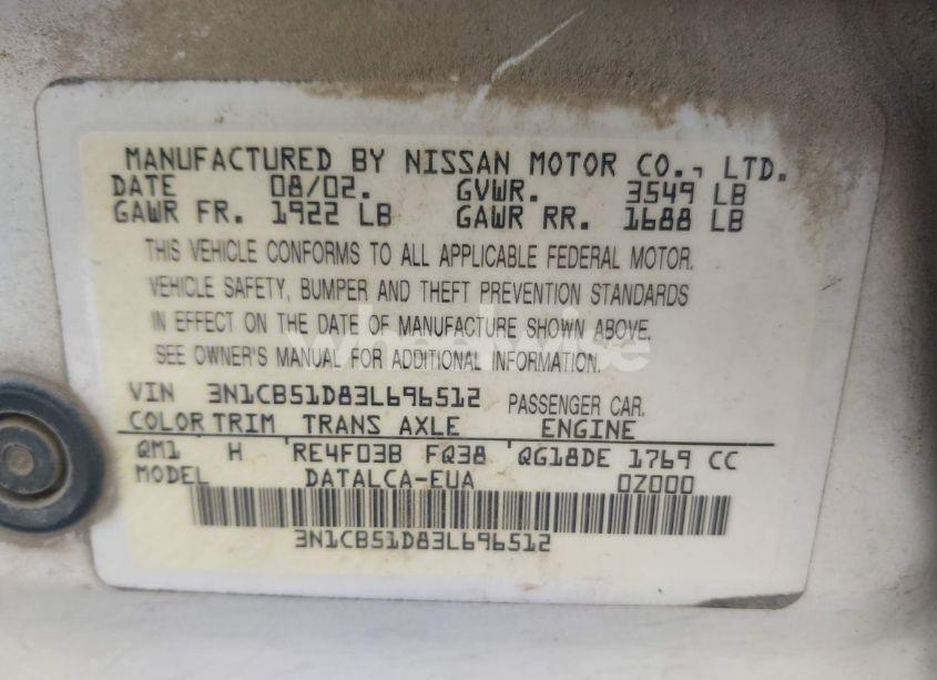 Photo 9 of 2003 Nissan Sentra XE (VIN 3N1CB51D83L696512)