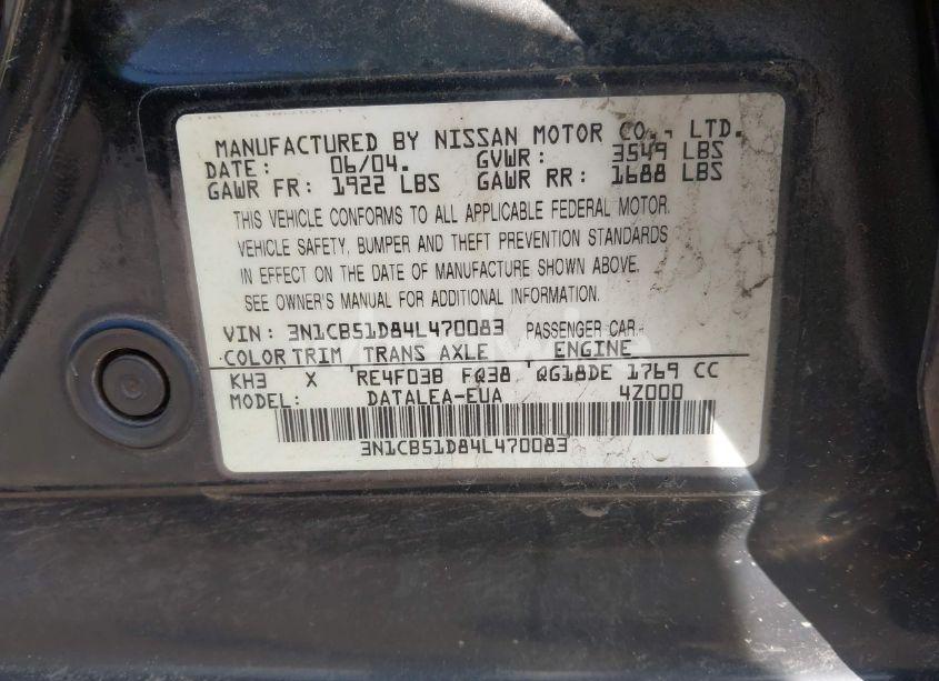 Photo 9 of 2004 Nissan Sentra 1.8S (VIN 3N1CB51D84L470083)