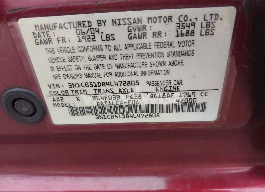 Photo 9 of 2004 Nissan Sentra 1.8S (VIN 3N1CB51D84L472805)