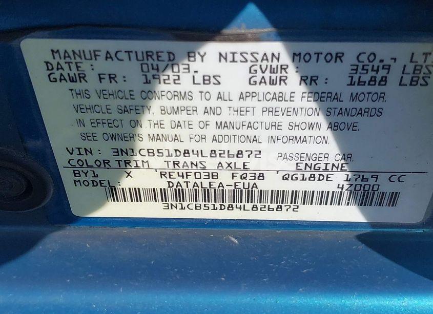 Photo 9 of 2004 Nissan Sentra 1.8S (VIN 3N1CB51D84L826872)