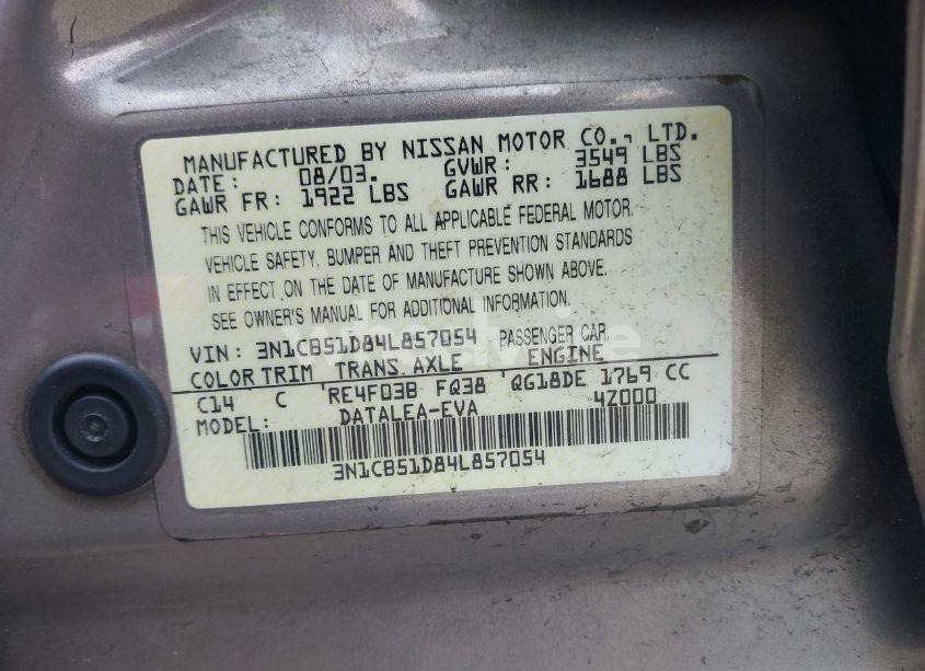 Photo 9 of 2004 Nissan Sentra 1.8S (VIN 3N1CB51D84L857054)
