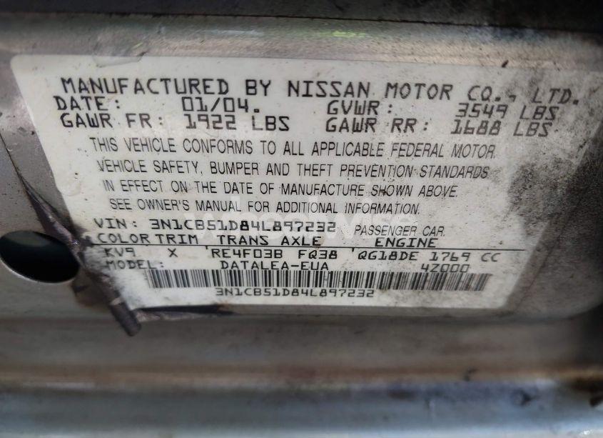 Photo 9 of 2004 Nissan Sentra 1.8S (VIN 3N1CB51D84L897232)