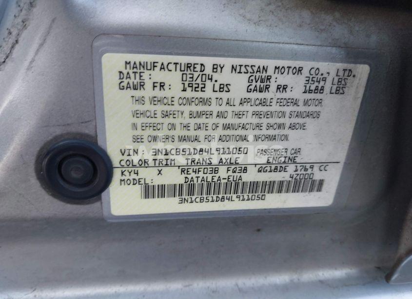 Photo 9 of 2004 Nissan Sentra 1.8S (VIN 3N1CB51D84L911050)