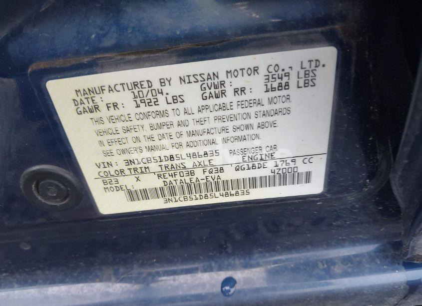 Photo 9 of 2005 Nissan Sentra 1.8S (VIN 3N1CB51D85L486835)