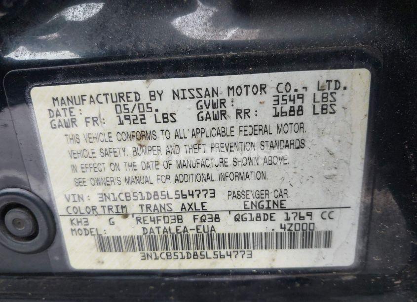Photo 9 of 2005 Nissan Sentra 1.8S (VIN 3N1CB51D85L564773)