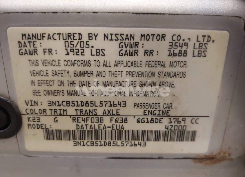 Photo 9 of 2005 Nissan Sentra 1.8S (VIN 3N1CB51D85L571643)