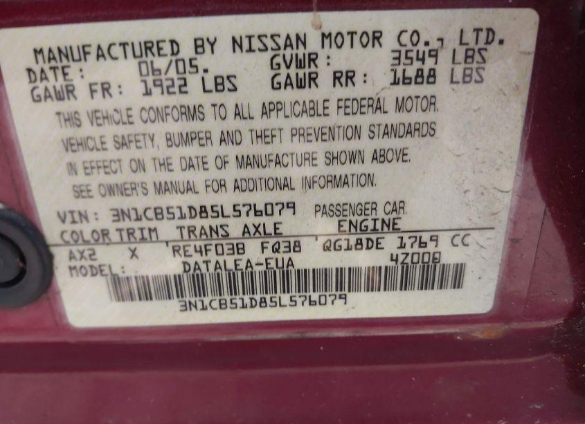 Photo 9 of 2005 Nissan Sentra 1.8S (VIN 3N1CB51D85L576079)