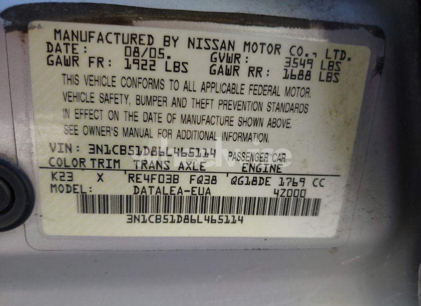 Photo 9 of 2006 Nissan Sentra 1.8S (VIN 3N1CB51D86L465114)