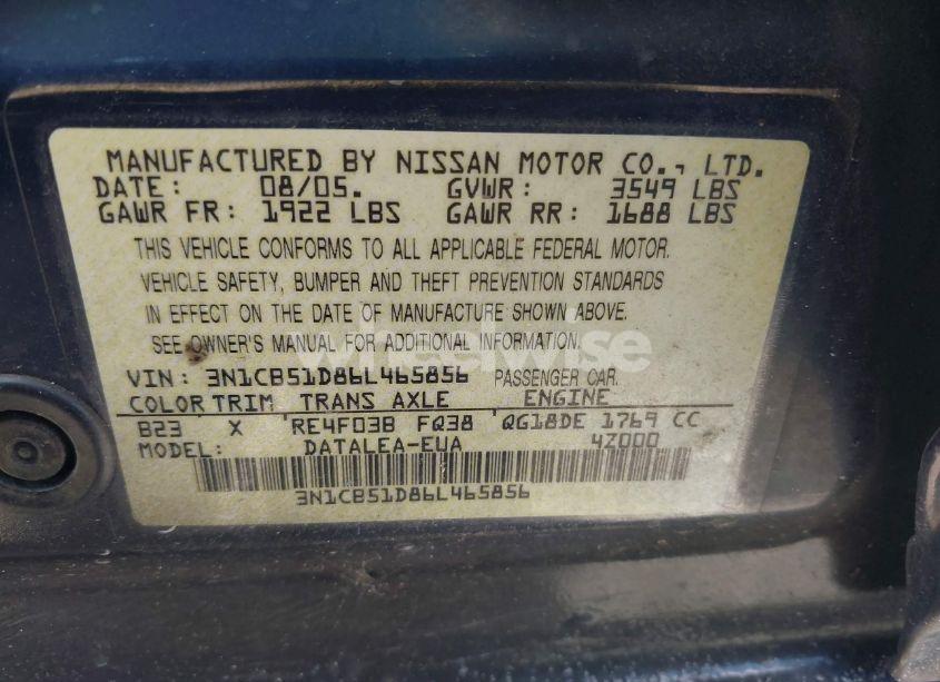Photo 9 of 2006 Nissan Sentra 1.8S (VIN 3N1CB51D86L465856)