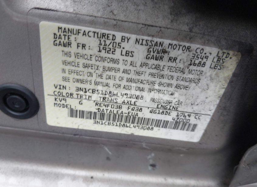 Photo 9 of 2006 Nissan Sentra 1.8S (VIN 3N1CB51D86L493088)