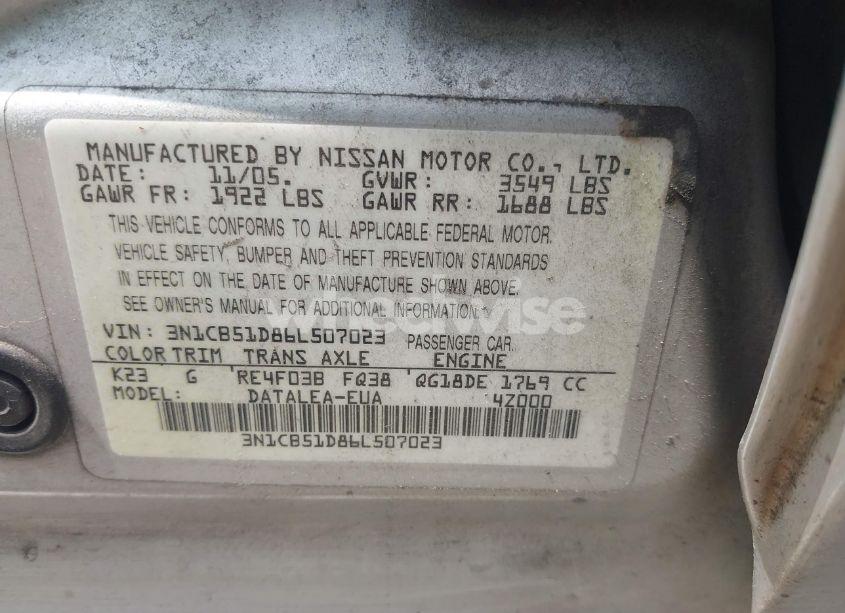Photo 9 of 2006 Nissan Sentra 1.8S (VIN 3N1CB51D86L507023)
