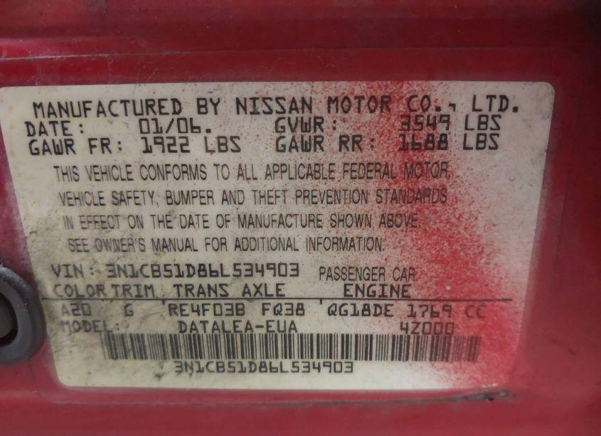 Photo 9 of 2006 Nissan Sentra 1.8S (VIN 3N1CB51D86L534903)