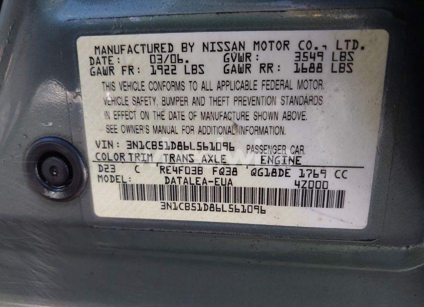 Photo 9 of 2006 Nissan Sentra 1.8S (VIN 3N1CB51D86L561096)
