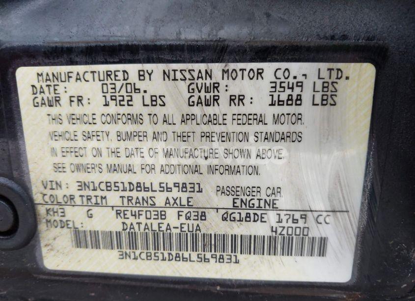 Photo 9 of 2006 Nissan Sentra 1.8S (VIN 3N1CB51D86L569831)